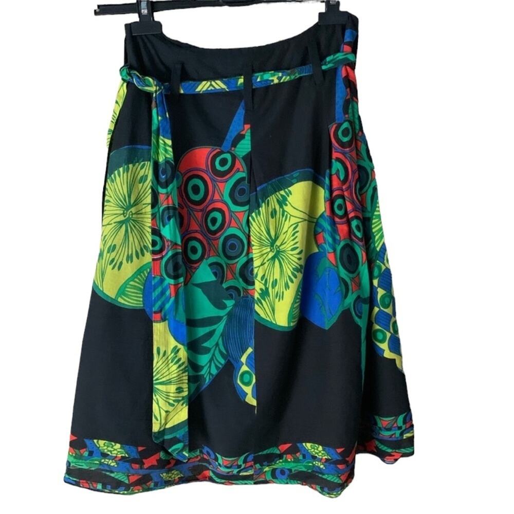 J. Peterman A-line Skirt Black Bright Bold Art Floral Print Waist Belt Size 2